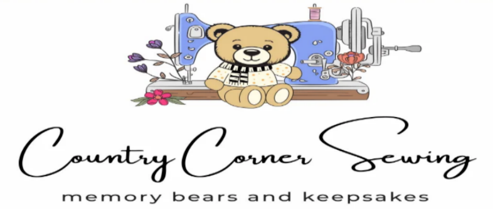 Logo for Country Corner Sewing featuring a teddy bear and sewing machine on a white background.