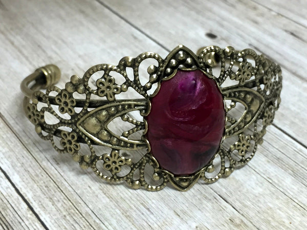 Filigree Bangle Bracelet | Swirling Magenta Adjustable Cuff Bracelet
