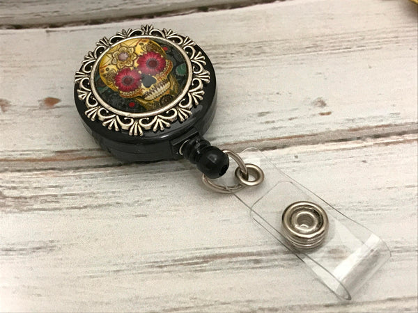 Sugar Skull Retractable Badge Reel, Magnetic ID Holder