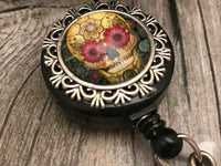 Sugar Skull Retractable Badge Reel, Magnetic ID Holder