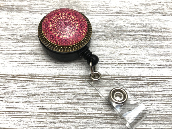 Mandala Retractable Badge Reel, Magnetic or Clip on Name Tag Holder