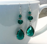Emerald Green Earrings with French Hook Wires, Teardrop Earring