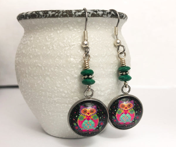 Owl Dangle Earrings with French Hook Wires