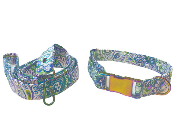 Paisley Print Dog Collar and Matching Leash Set with Metal Hardware, Walking Leash for Puppy, Pet Necklace, 5 Foot Leash, Gift for Pet Owner
