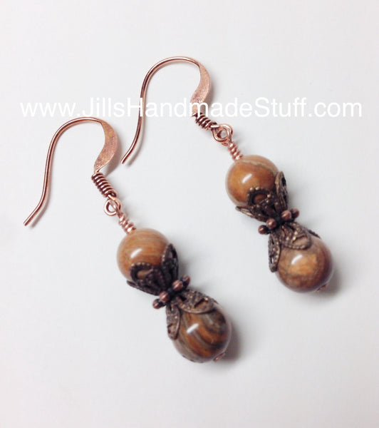 Antique Copper Dangle Earrings, Jasper Earrings